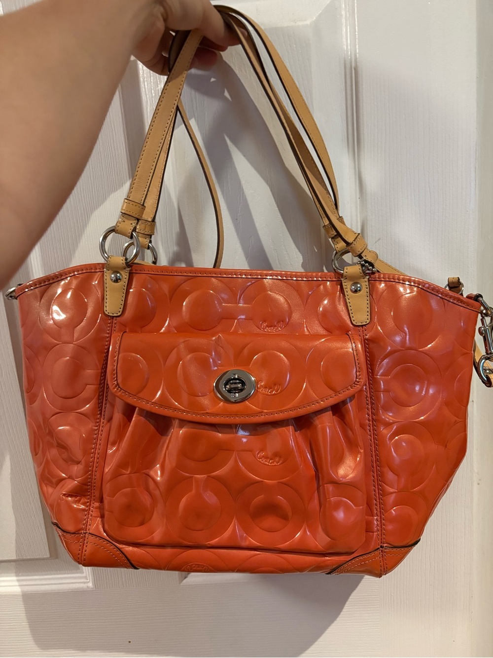 Coach Orange Patent Tote with Tan Handles